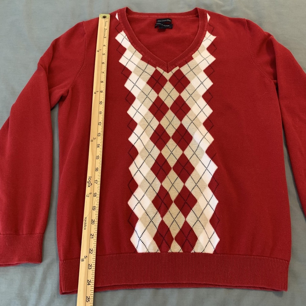 Tommy Hilfiger Sweater‎ Woman's XL Red Argyle V Neck Pima Cotton Pullover Preppy - Picture 5 of 7